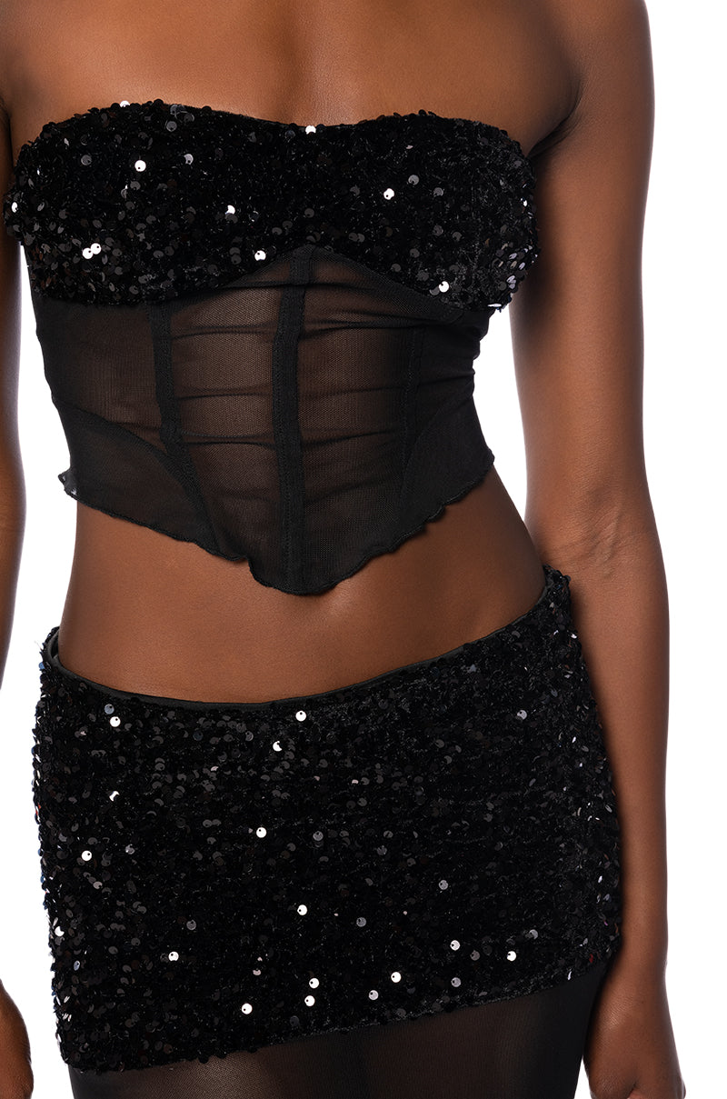 Full View Lets Go Out Sheer Sparkle Strapless Top And Midi Skirt Set