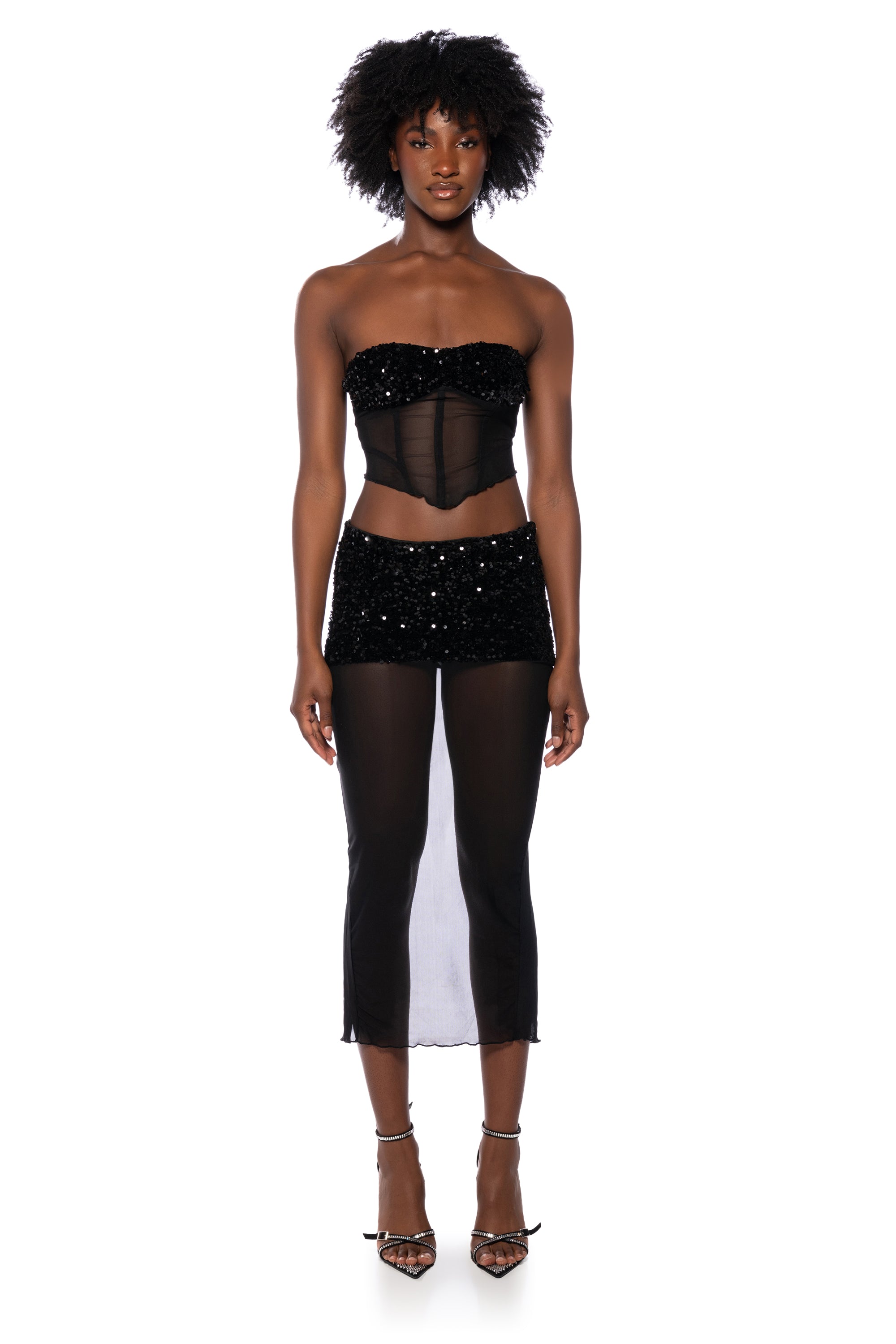 Extra View Lets Go Out Sheer Sparkle Strapless Top And Midi Skirt Set