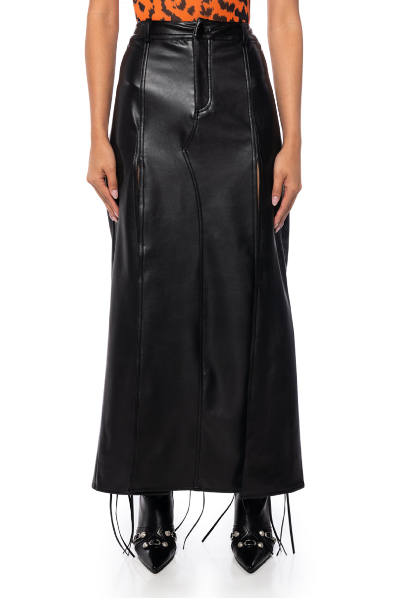 Side View Level Up Faux Leather Double Slit Maxi Skirt
