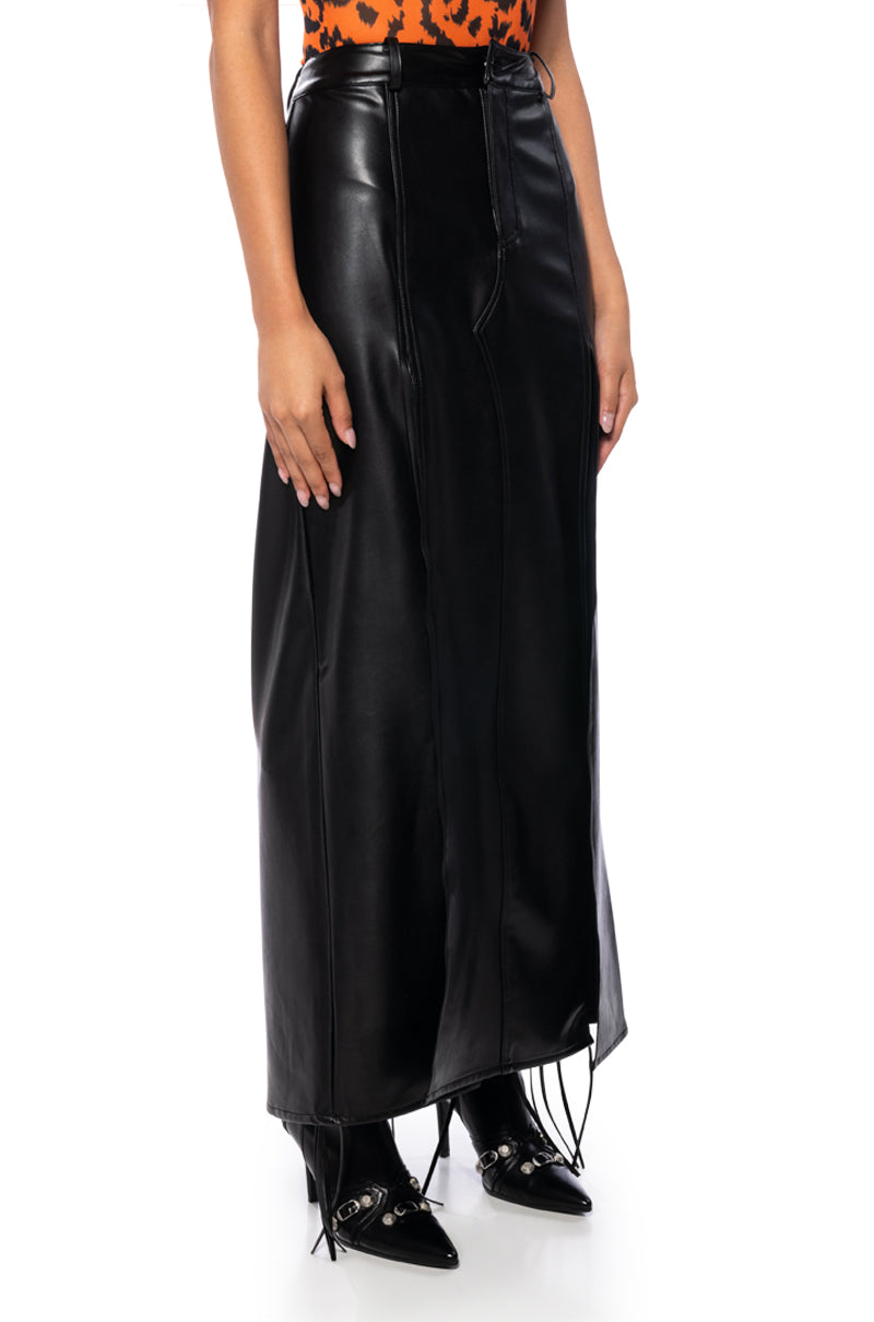 Back View Level Up Faux Leather Double Slit Maxi Skirt