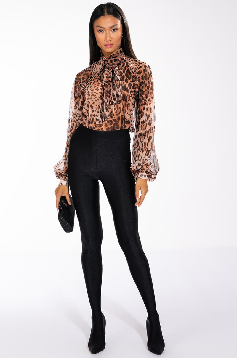 Extra View Level Up Long Sleeve Tie Neck Satin Blouse