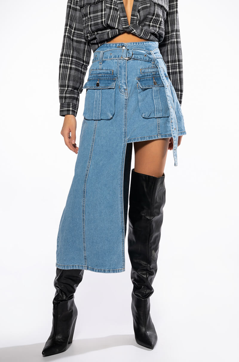 Front View Level Up Maxi Mini Denim Skirt