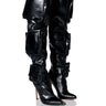 Front View Level Up Over The Knee Croc Stiletto Cargo Boot In Black