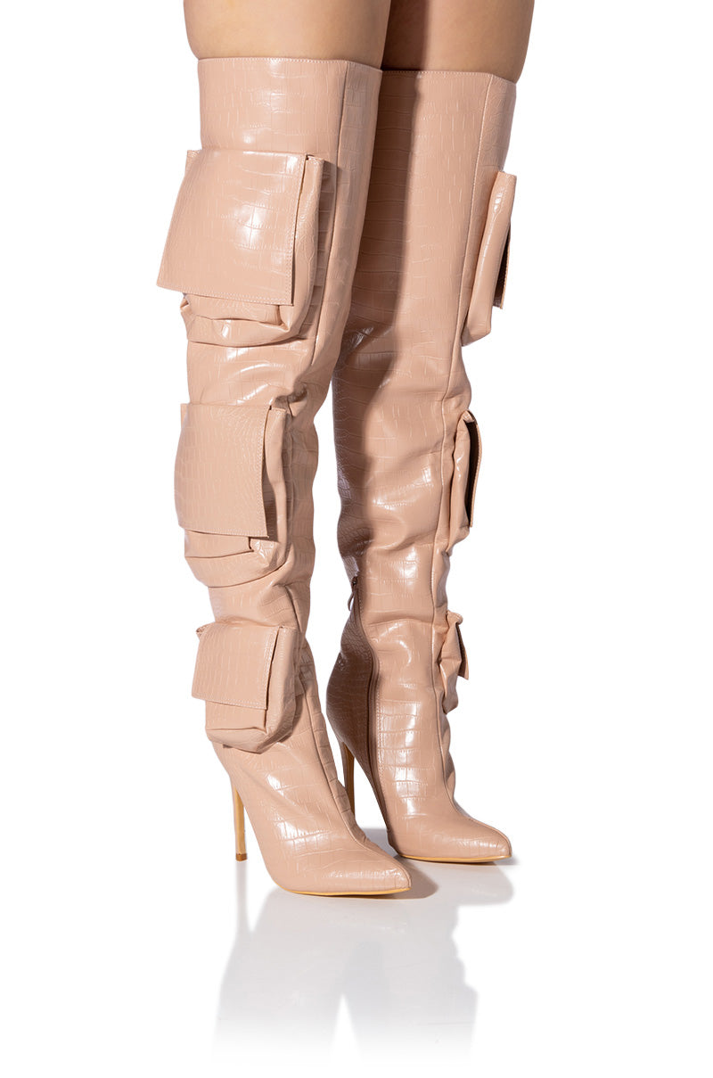 Front View Level Up Over The Knee Croc Stiletto Cargo Boot In Nude