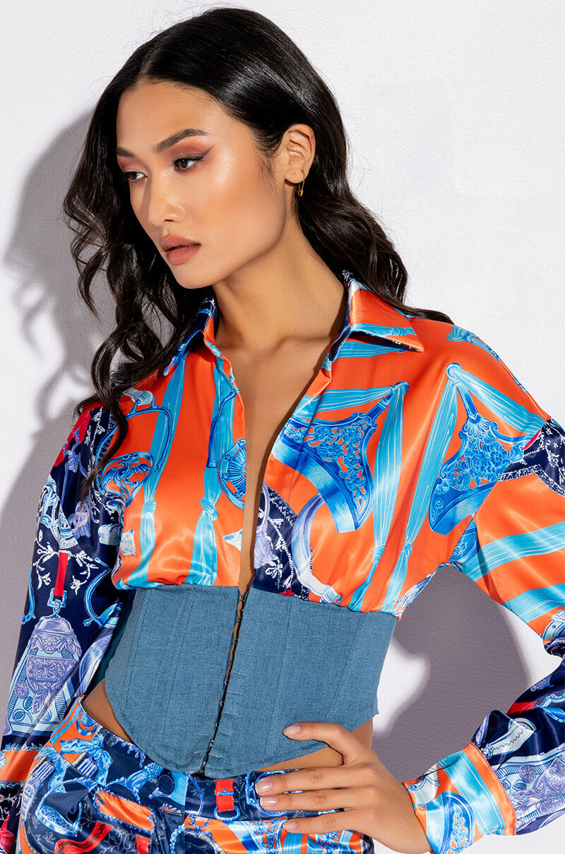 Front View Levitating Denim Detail Blouse