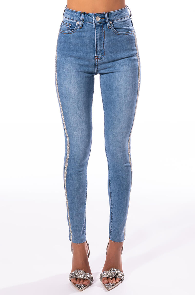 Back View Life Like This Rhinestone Stripe Skinny Jeans