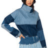 Front View Lift Me Up Denim Patchwork Funnel Neck Top