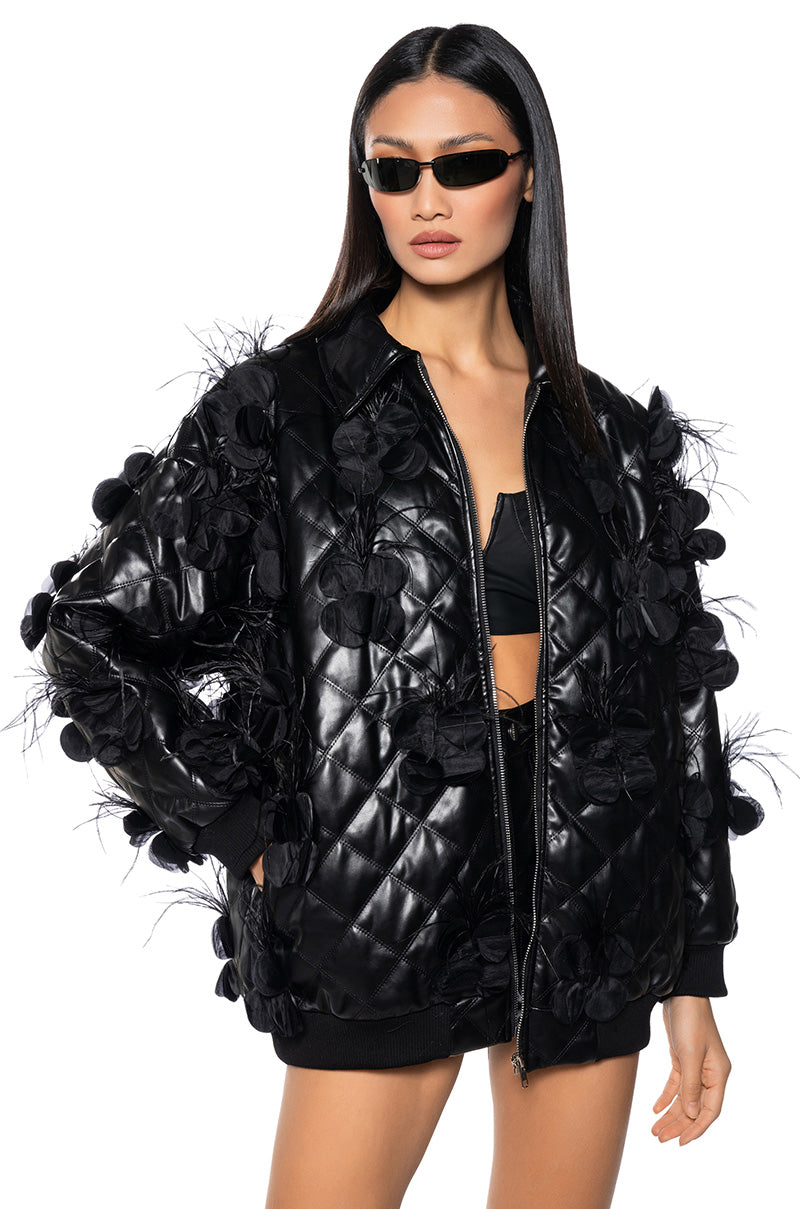 Front View Lift Me Up Embellished Oversized Pu Bomber