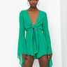 Front View Like A Gem Ruffle Sleeve Romper in Emerald