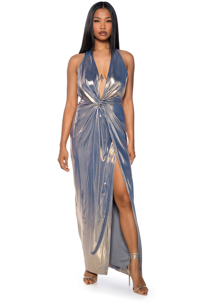 Side View Like A Goddess Metallic Maxi Dress