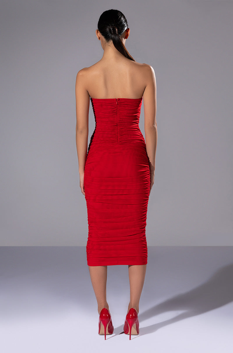 Detail View Like I Said Strapless Midi Mesh Dress