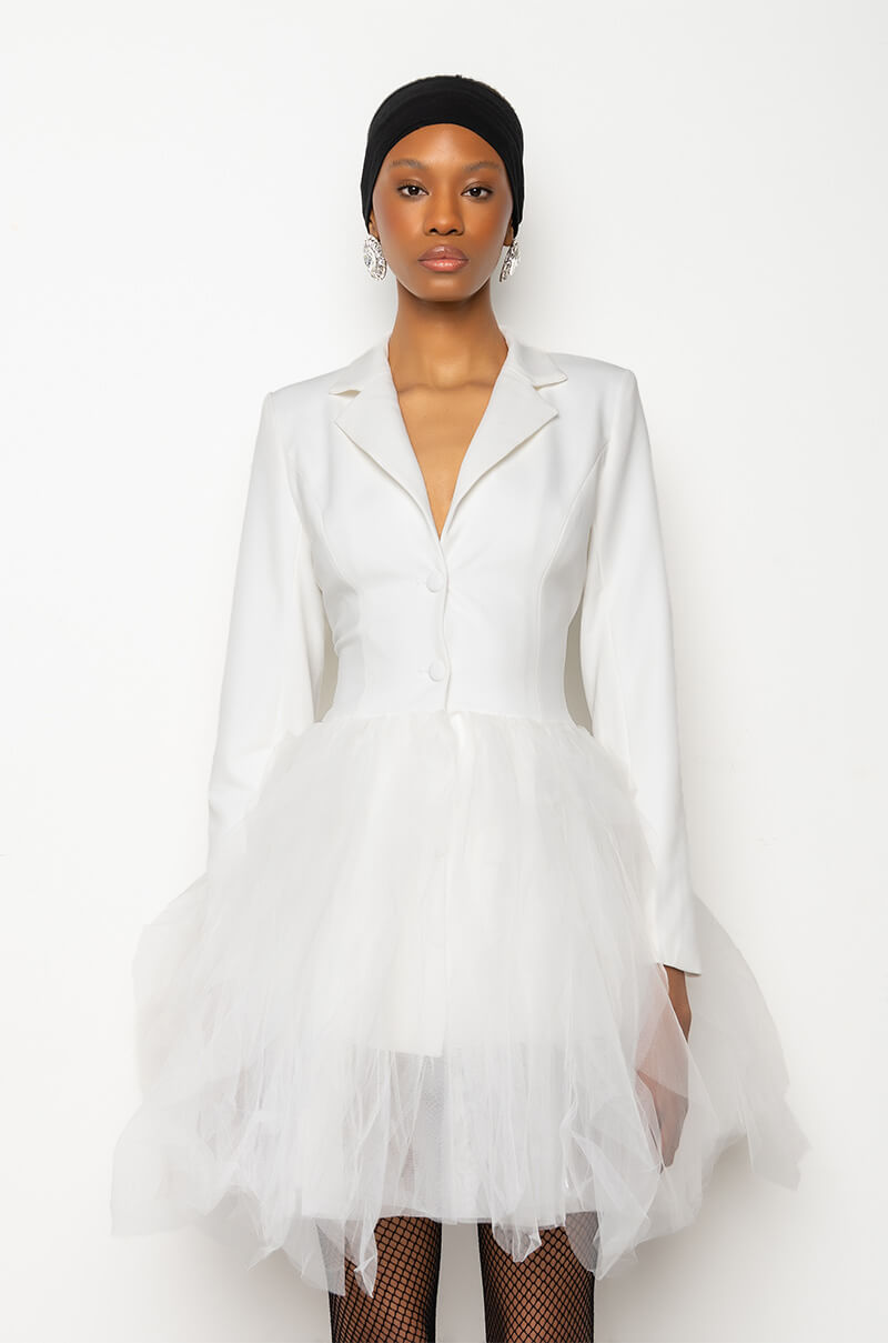 LIKEWISE BLAZER DRESS WITH TULLE SKIRT – AKIRA