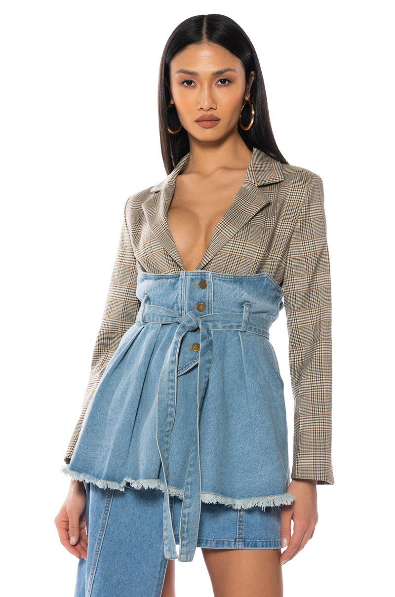 Front View Liliana Mixed Media Peplum Blazer