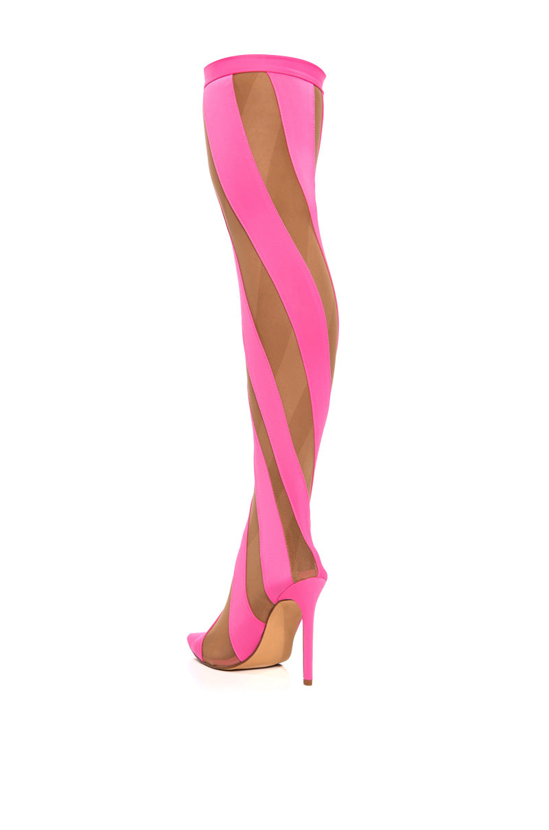 Detail View Lilith Mesh Thigh High Boot In Pink