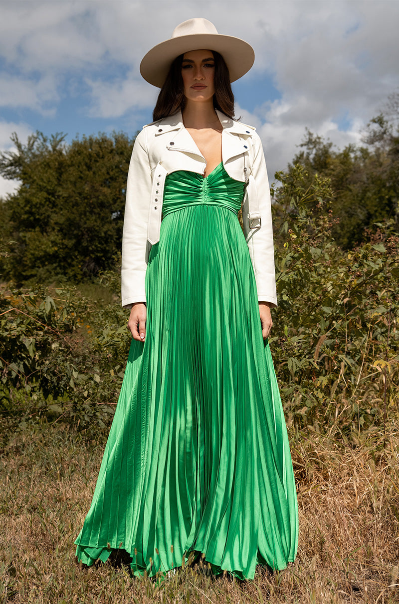 Detail View Lily Pleated Satin Maxi Dress