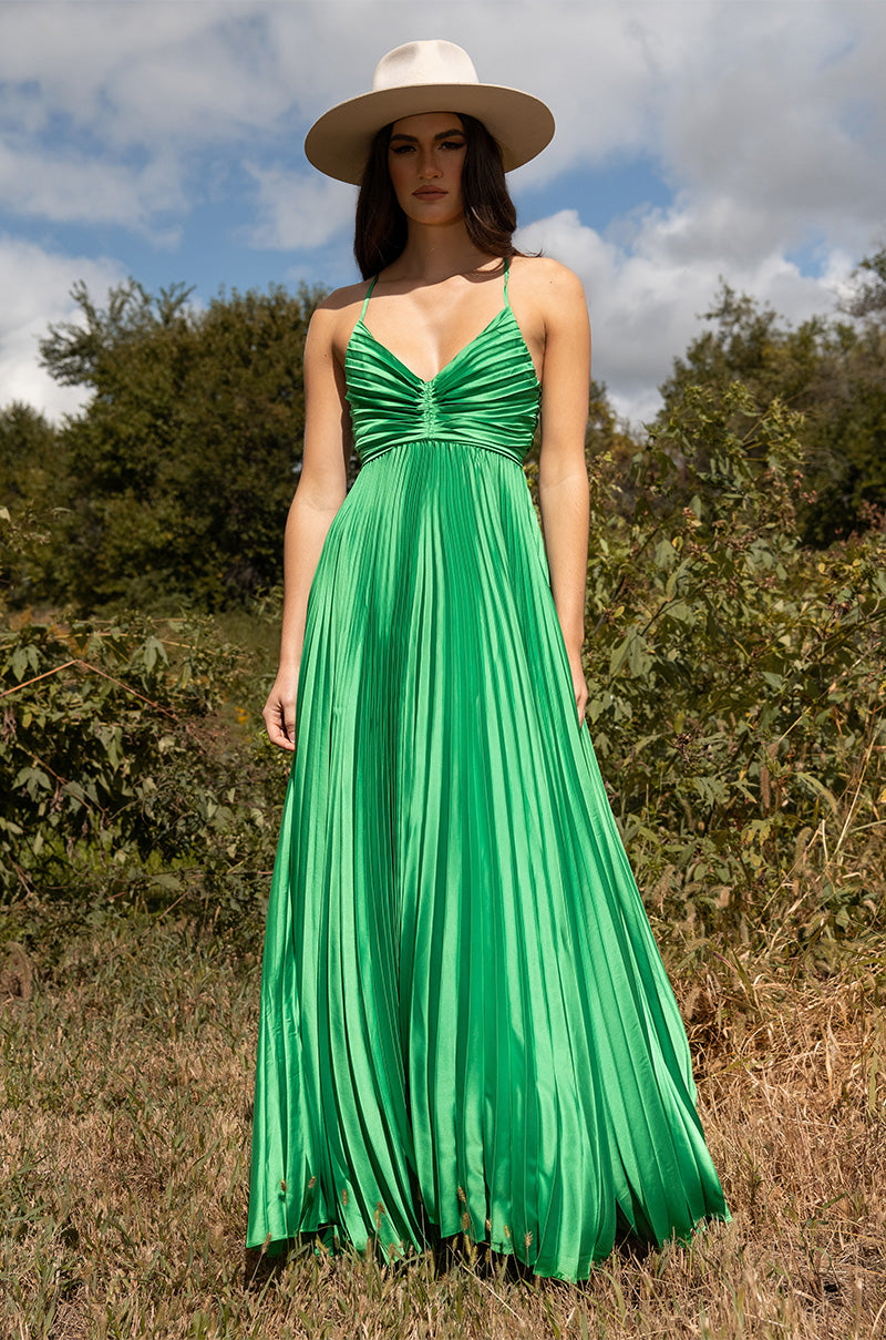 LILY PLEATED SATIN MAXI DRESS AKIRA LILY PLEATED SATIN MAXI DRESS AKIRA
