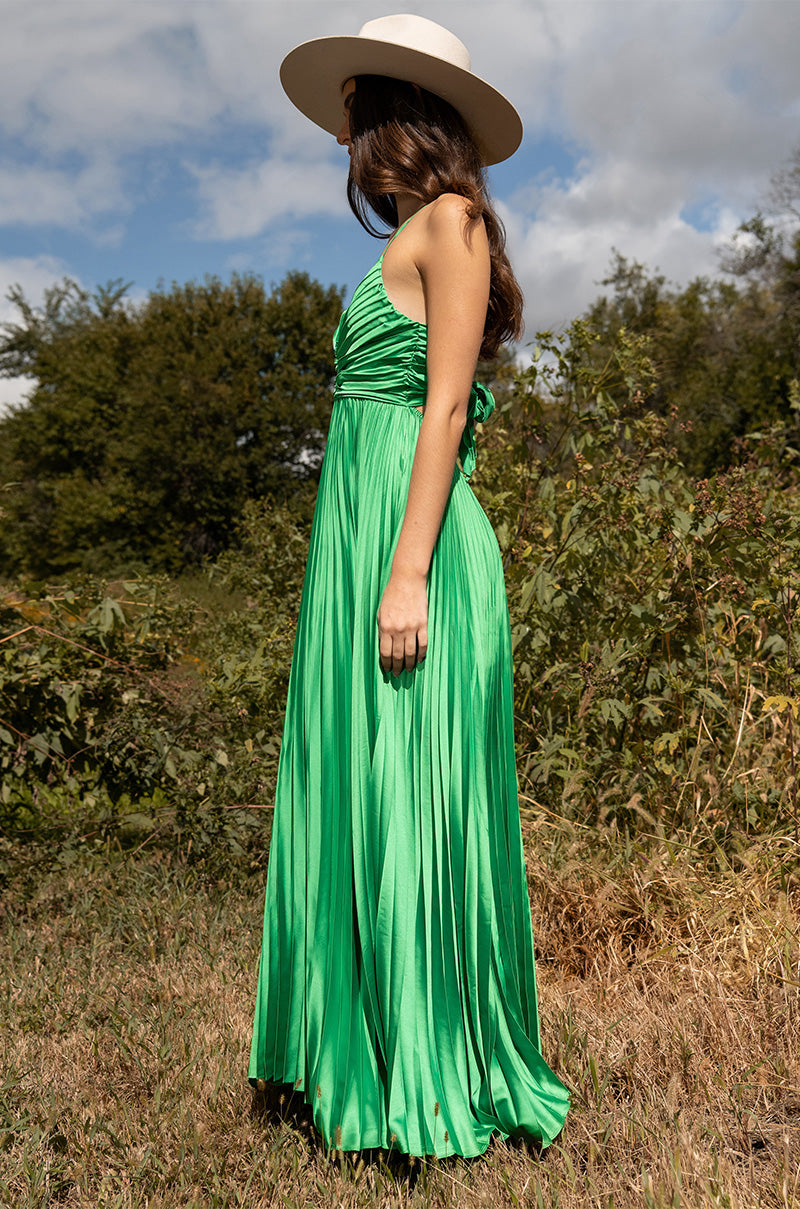 LILY PLEATED SATIN MAXI DRESS – AKIRA LILY PLEATED SATIN MAXI DRESS – AKIRA
