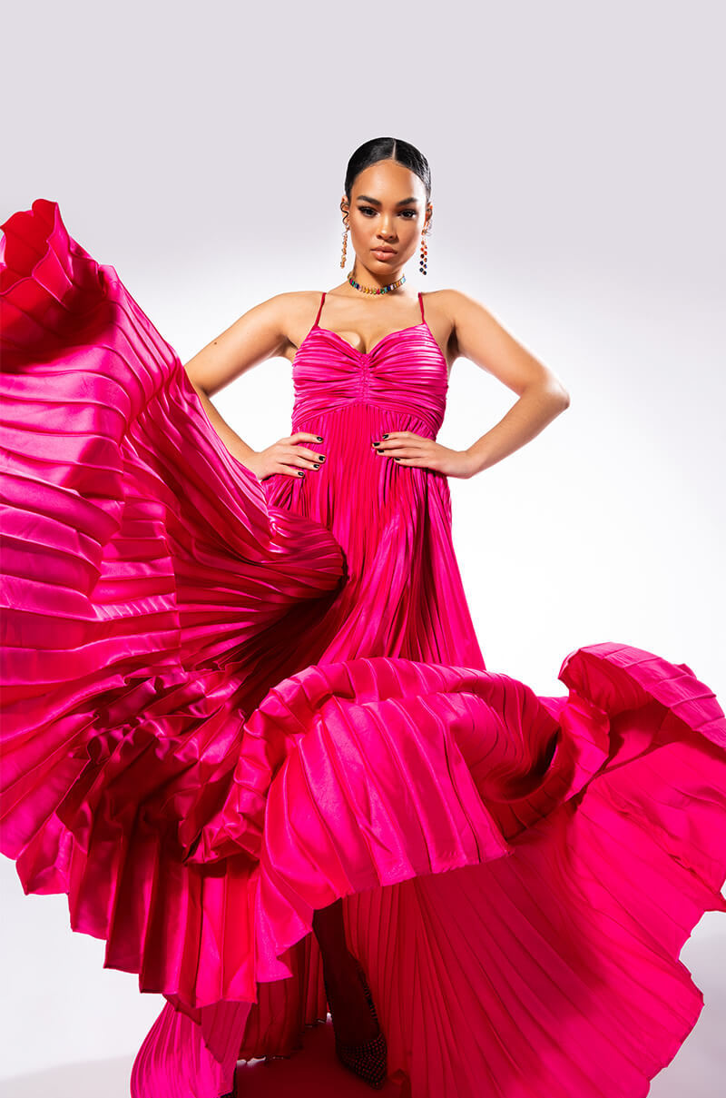 Front View Lily Pleated Satin Maxi Dress
