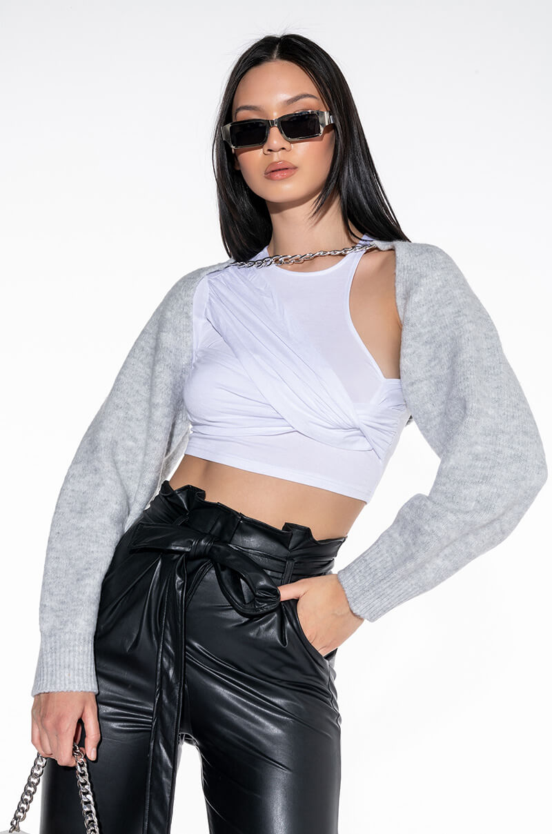 Front View Link In Bio Chain Shrug Sweater