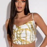 Front View Link Up Sleeveless Cropped Satin Cowl Neck Tank