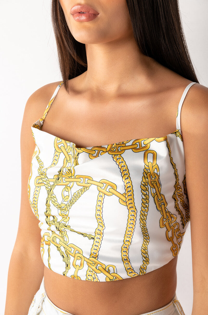 Extra View Link Up Sleeveless Cropped Satin Cowl Neck Tank