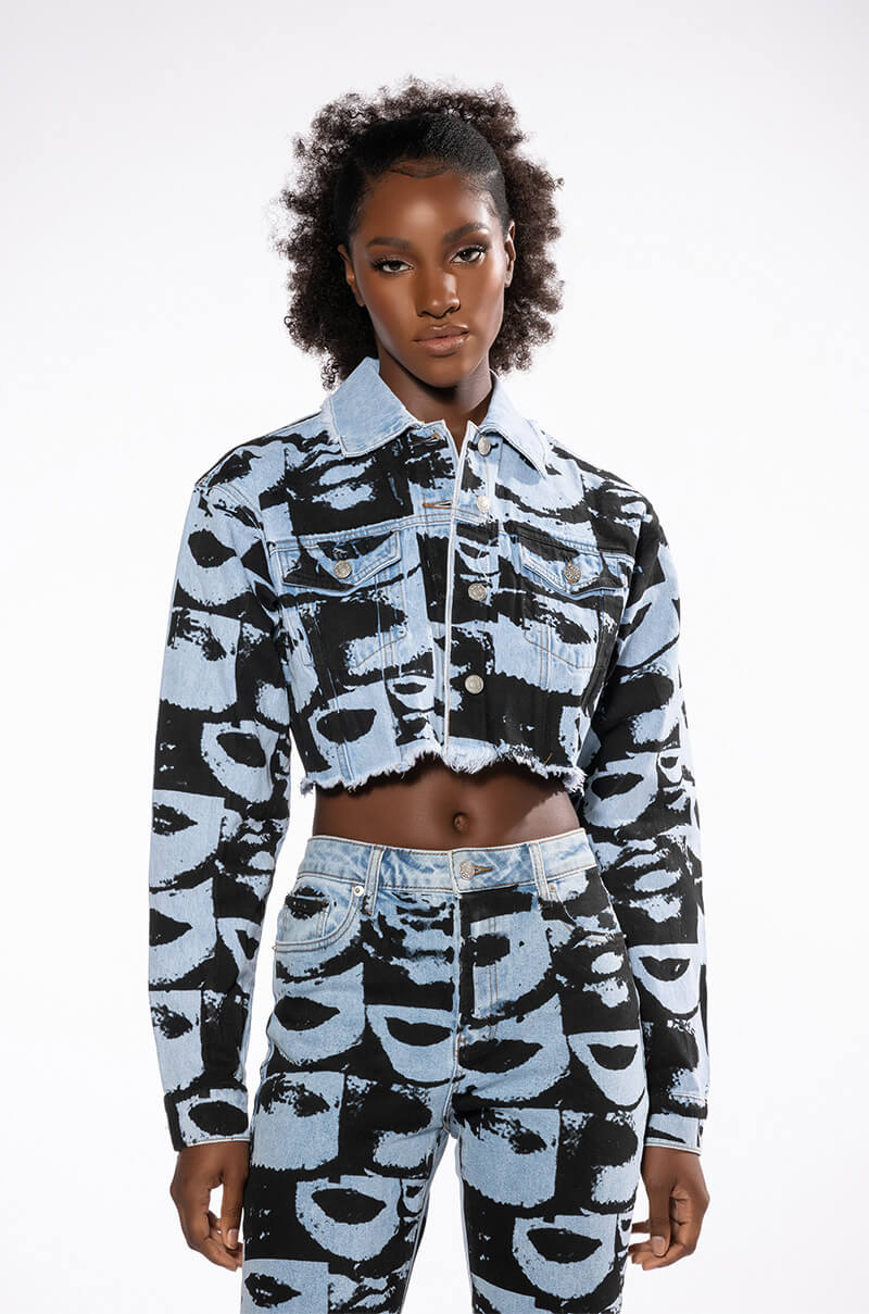 Back View Lips Are Sealed Graphic Denim Jacket