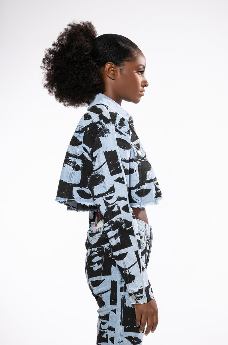 Detail View Lips Are Sealed Graphic Denim Jacket