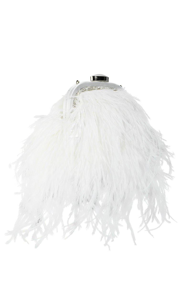 Back View Lissandra Feather Clutch Bag In White