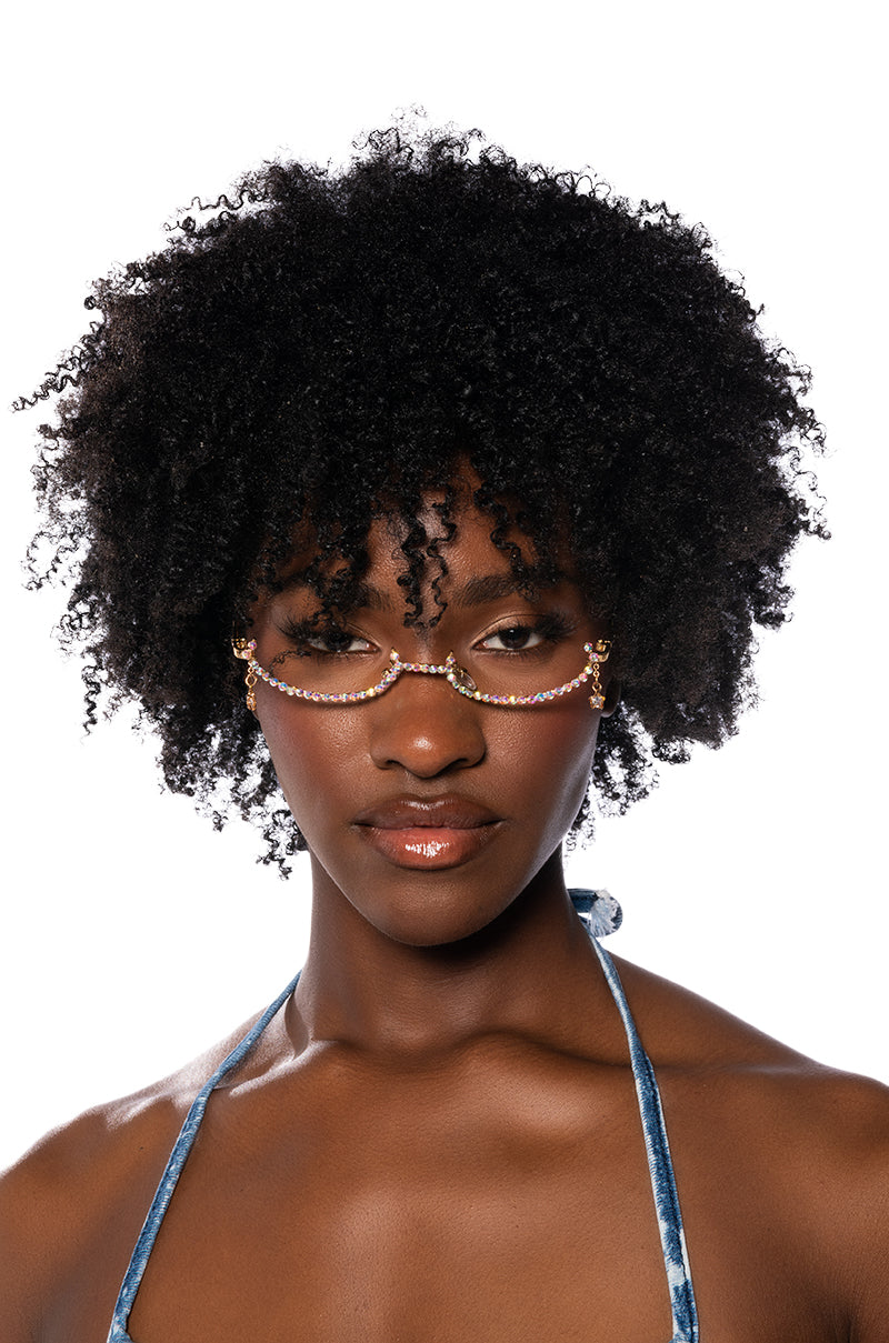 Front View Listen Closely Lensless Embellished Eyewear In Gold 0