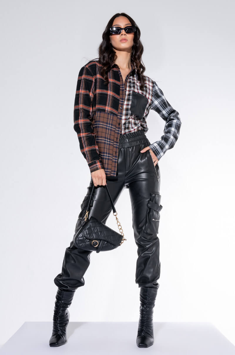 Side View Lithium Long Sleeve Patchwork Flannel Button Down