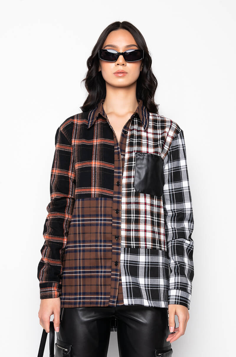 Back View Lithium Long Sleeve Patchwork Flannel Button Down