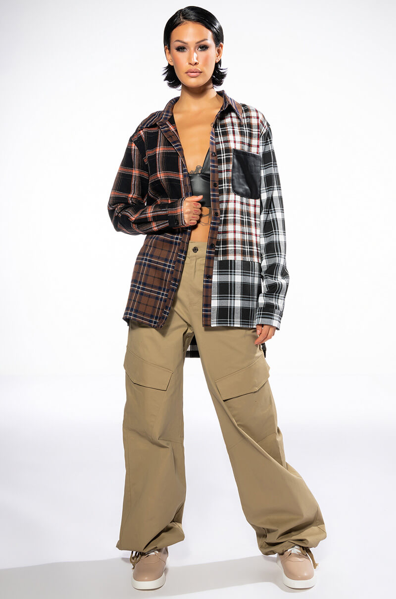 Back View Lithium Long Sleeve Patchwork Flannel Button Down
