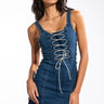 Front View Little Lace Up Flexfit Denim Mini Dress