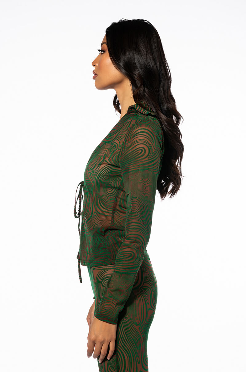 Detail View Livin On A Prayer Tie Front Mesh Blouse