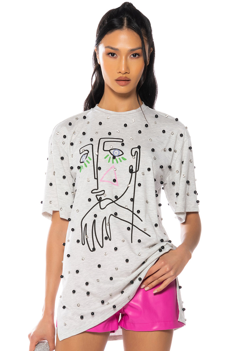 Front View Living Art Embellished Oversized T Shirt