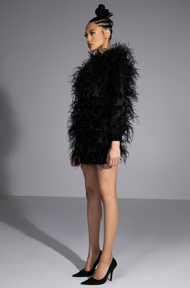 Side View Living It Up Satin And Spikes Feather Mini Skirt