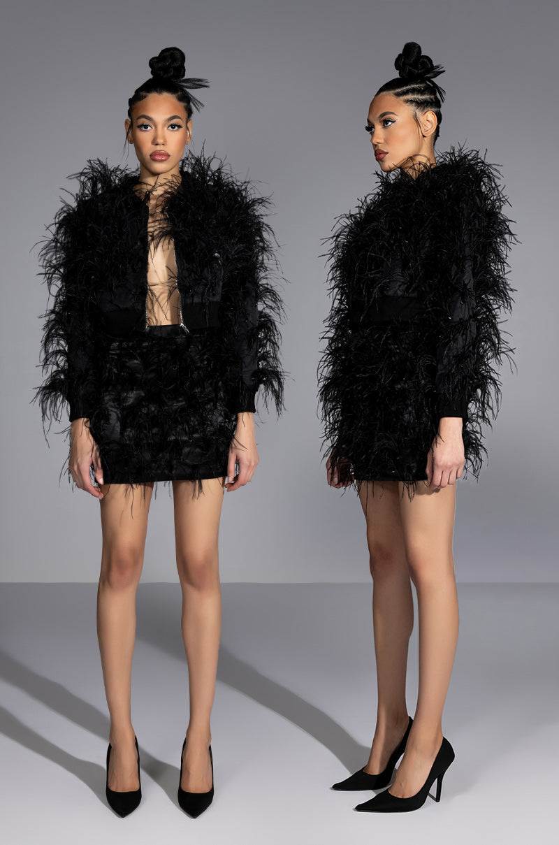 Detail View Living It Up Satin And Spikes Feather Mini Skirt