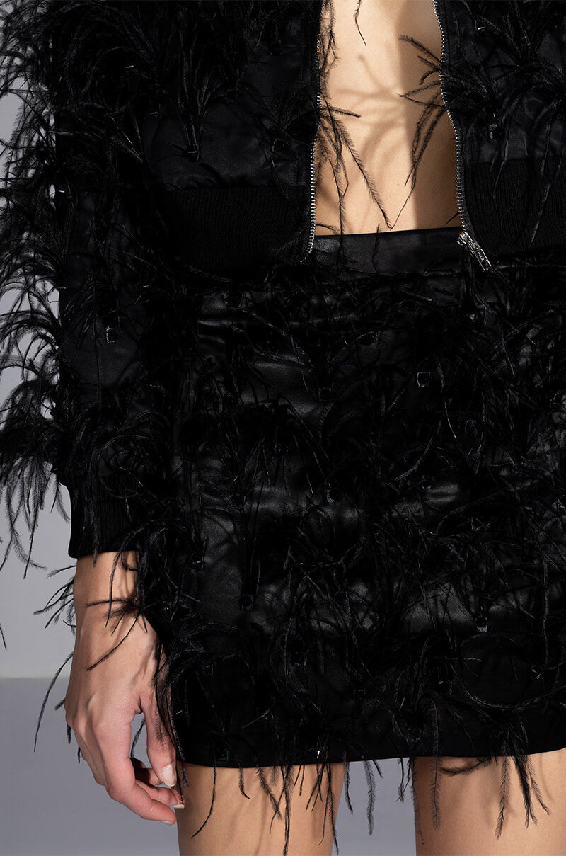 Extra View Living It Up Satin And Spikes Feather Mini Skirt