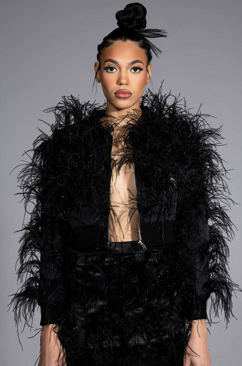 Side View Living It Up Spikes And Feathers Cropped Bomber