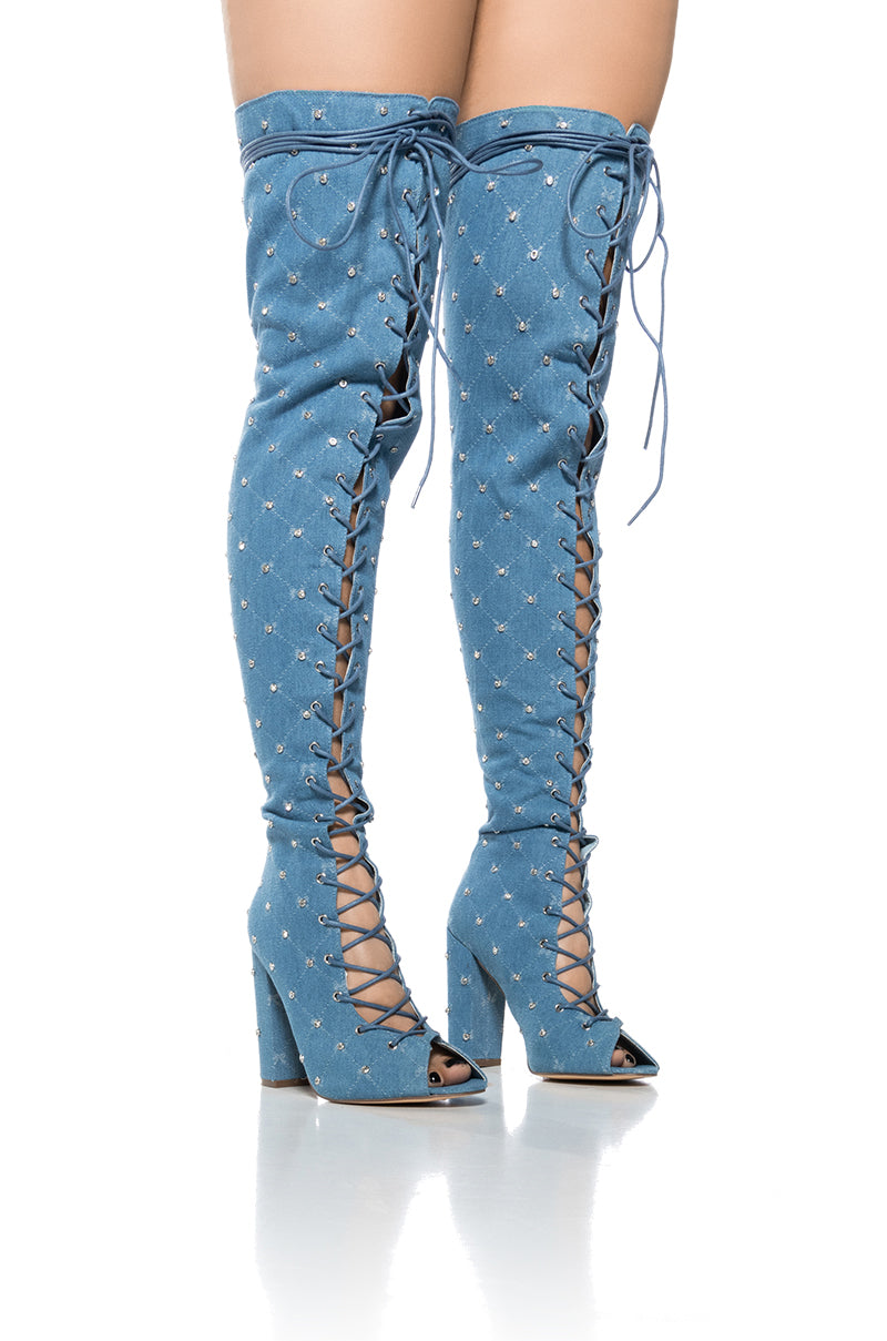 LIVING LEGEND LACE UP OPEN TOE THIGH HIGH BOOT IN DENIM view 0