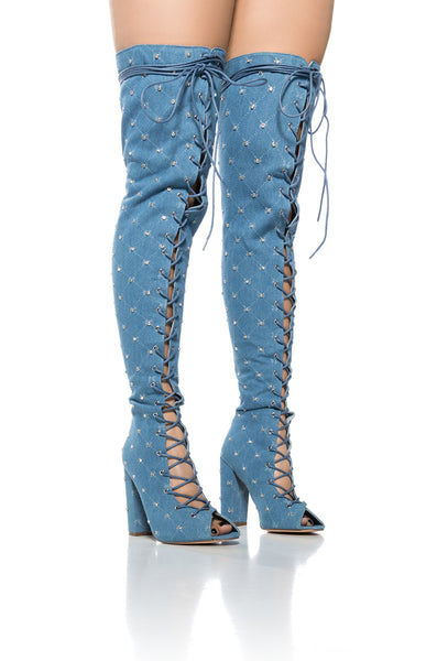 LIVING LEGEND LACE UP OPEN TOE THIGH HIGH BOOT IN DENIM AKIRA LIVING LEGEND LACE UP OPEN TOE THIGH HIGH BOOT IN DENIM AKIRA