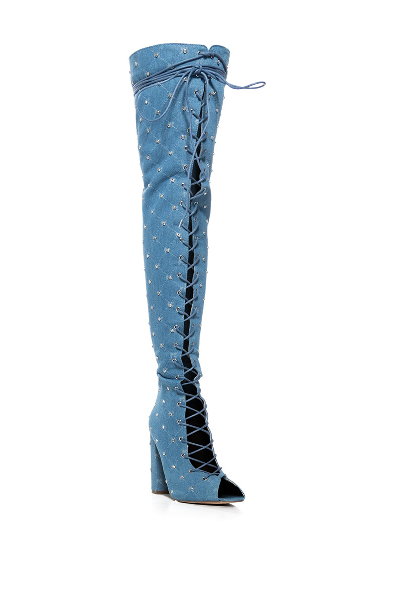 Back View Living Legend Lace Up Open Toe Thigh High Boot In Denim