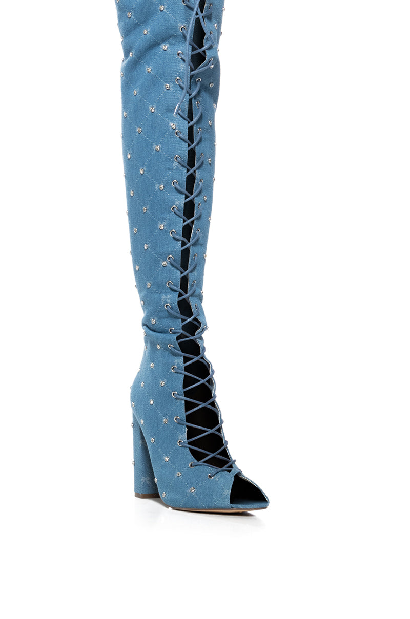 Full View Living Legend Lace Up Open Toe Thigh High Boot In Denim