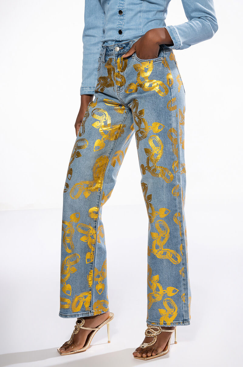 Front View Lock My Love Foil Detailed Jeans