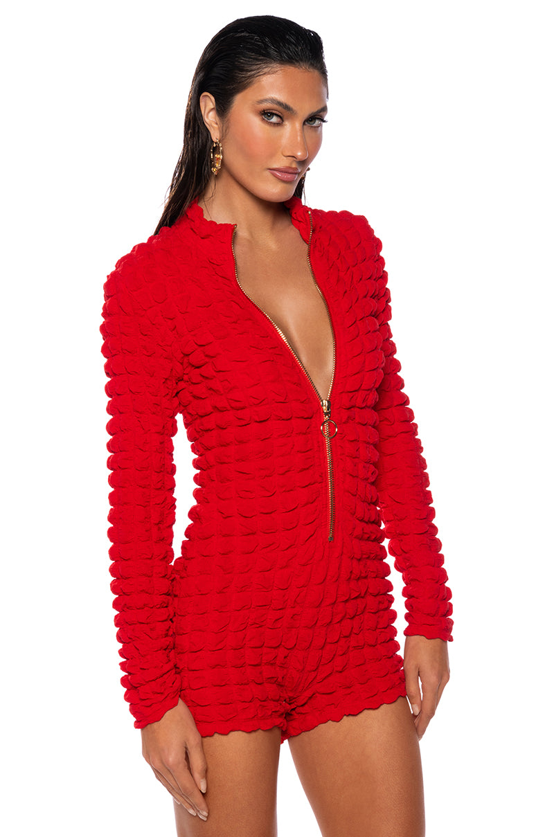 Front View Lola Textured Quarter Zip Fitted Romper