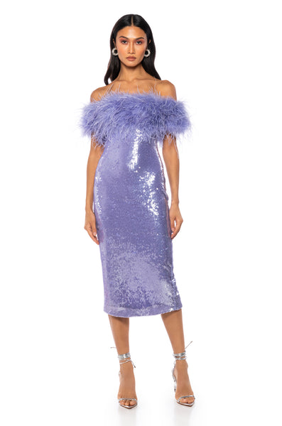 LOLO FEATHER DETAIL SEQUIN MAXI DRESS IN PURPLE – AKIRA