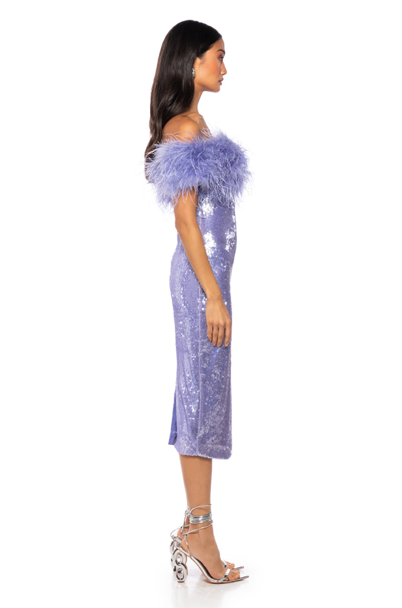 Back View Lolo Feather Detail Strapless Sequin Maxi Dress In Purple
