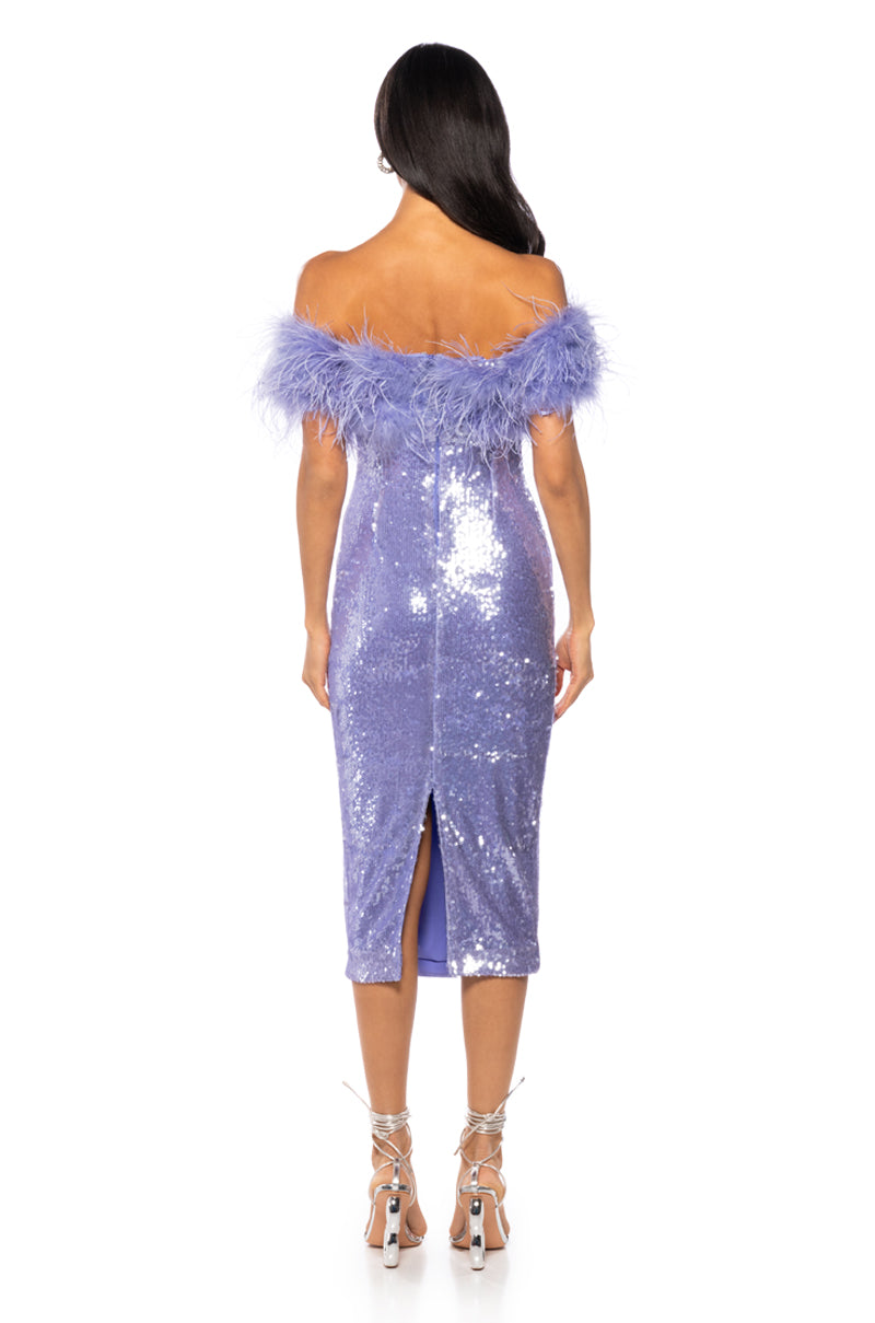 Detail View Lolo Feather Detail Strapless Sequin Maxi Dress In Purple