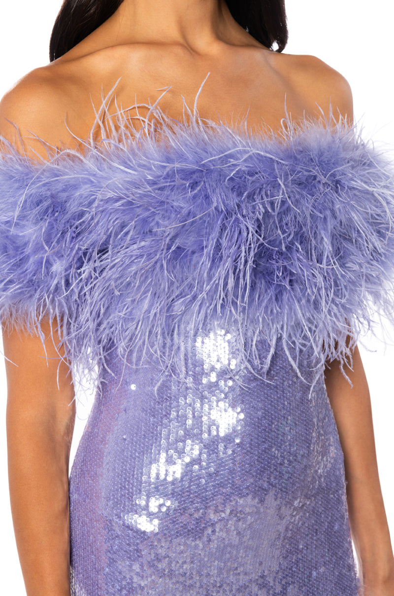 Full View Lolo Feather Detail Strapless Sequin Maxi Dress In Purple