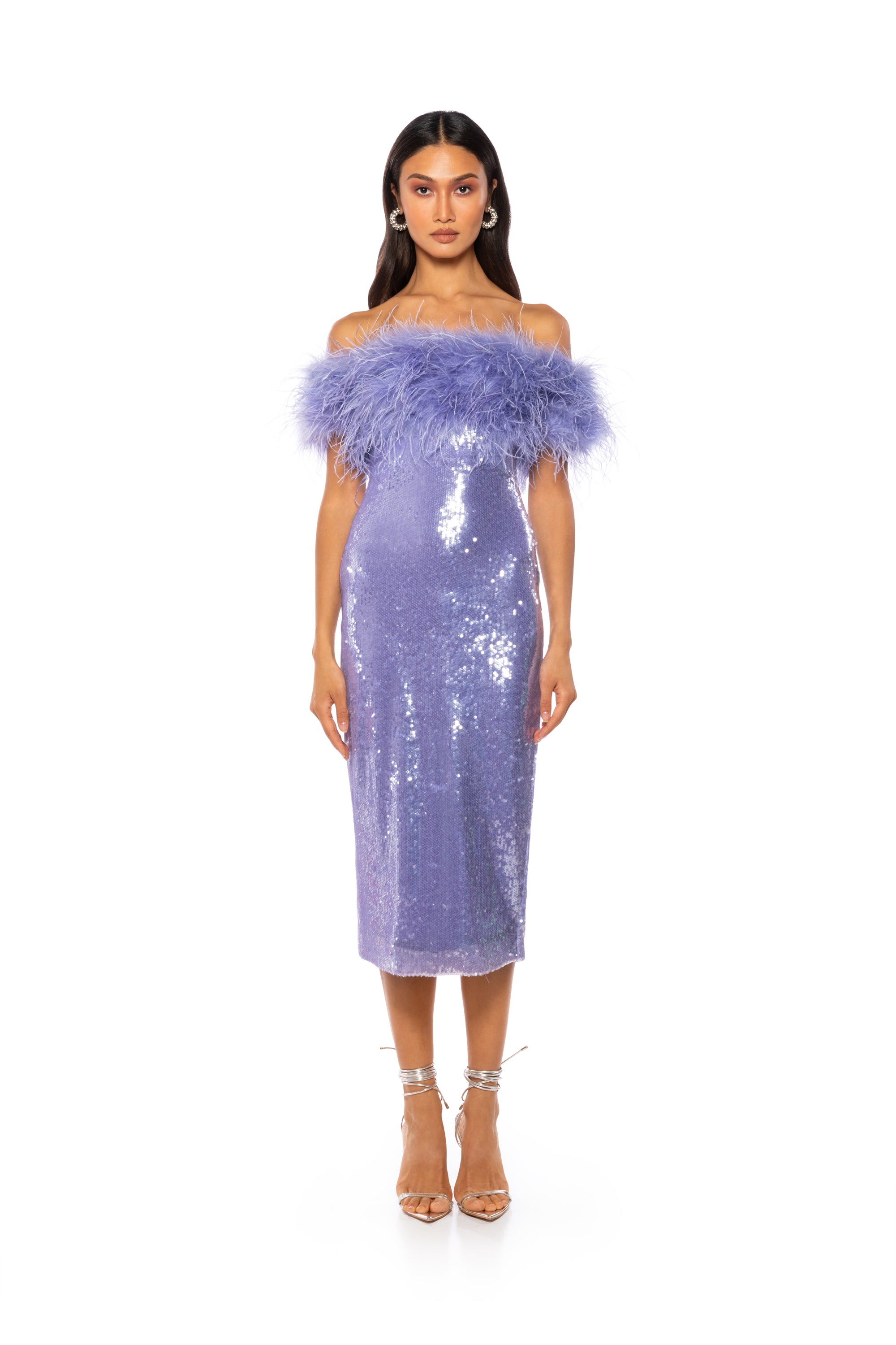 Extra View Lolo Feather Detail Strapless Sequin Maxi Dress In Purple